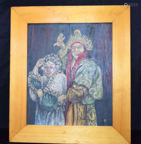 A framed Chinese Oil on board of The monkey King and a ruler...