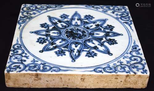 A Chinese blue and white porcelain temple tile decorated wit...