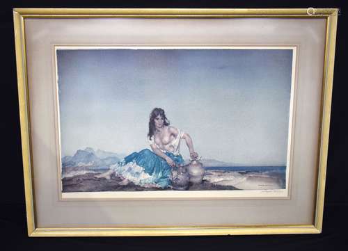 A large framed signed print of a Mediterranean female by W R...