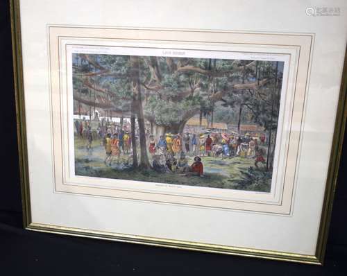 A framed antique lithographic print depicting a market in In...