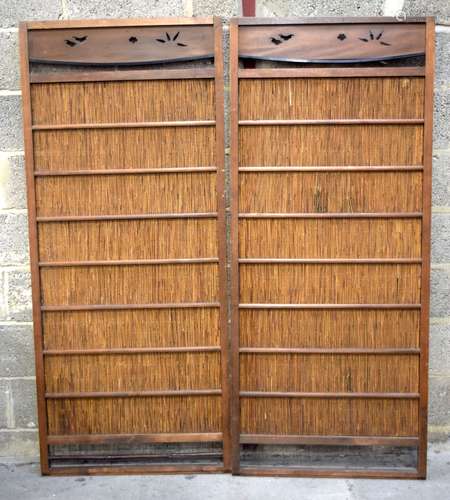 A large two section wooden and reed Japanese screen 173 x 14...