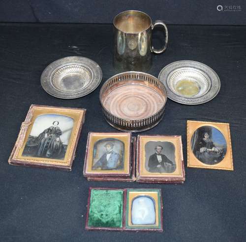 A group of silver plate, together with antique leather bound...