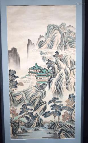 A large framed Chinese watercolour depicting a landscape sce...