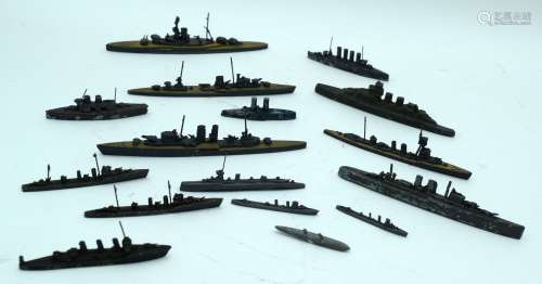A collection of small metal Naval ships largest 15cm (16).