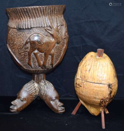 A large African wooden Tribal bowl carved with Antelope and ...