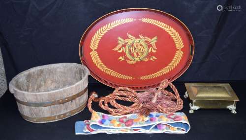 A antique banded wooden bucket together with a large Tolewar...