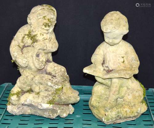 A stone composite Dwarf garden statue together with a boy . ...