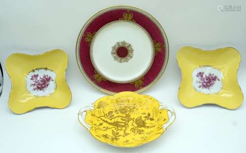 A gilded Wedgwood plate together with a Coalport dish and tw...