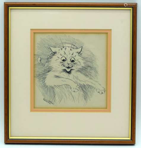 Louis Wain 1860-1939 a small framed drawing of a cat. 15.5 x...