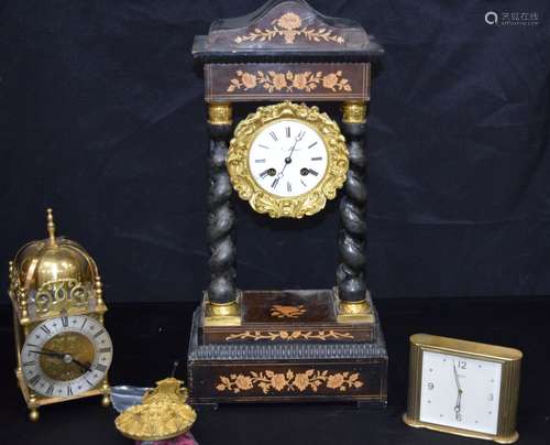 A wooden inlaid mantle clock together with a Smiths brass cl...