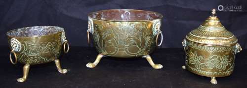 A collection of English antique Repousse brass bowls. 13 x 1...
