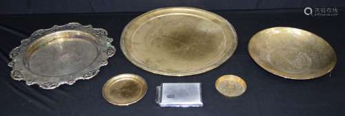 A large brass tray together with other brass items and a pla...