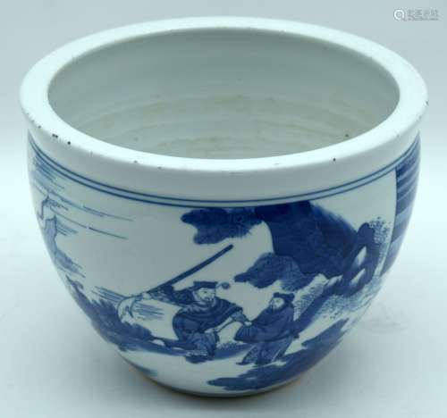 A Chinese blue & white porcelain planter, decorated with war...