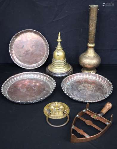 A collection of vintage brass and copper items Islamic trays...