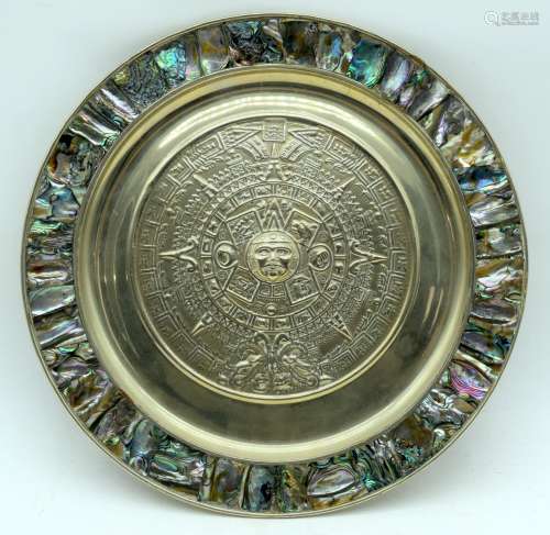 A Silver plate repousse South American plate with abalone sh...