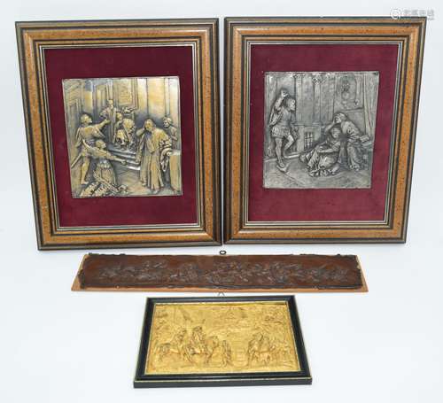 A collection of framed metal plaques largest 7 x 37cm (4).