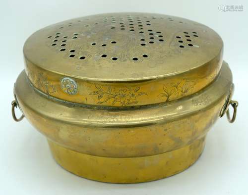 A Chinese Bronze Hand warmer 18 x 35 cm. (2)