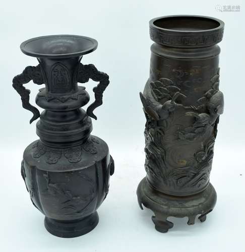 A Japanese Bronze vase decorated with birds together with a ...