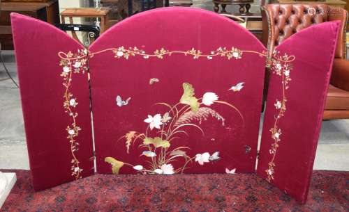 A antique silk double sided three panelled screen embroidere...