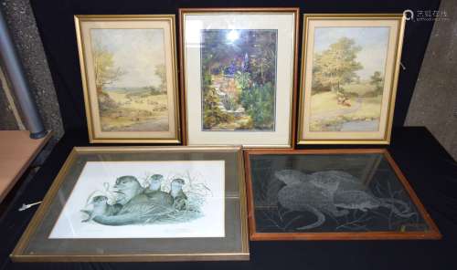 A group of framed watercolours, prints and an unusual etched...