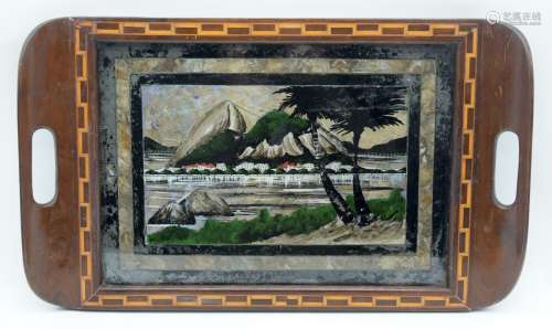 An Abalone and feather picture inlaid wooden tray probably S...
