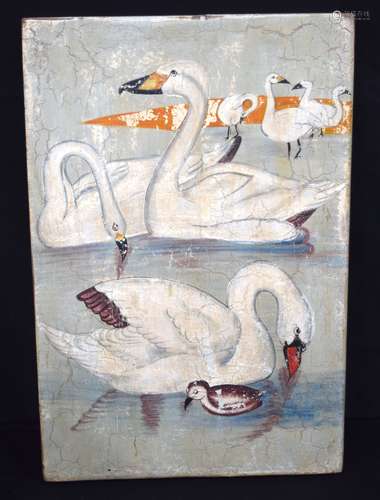 A Continental Oil on board depicting Swans 60 x 80 cm.