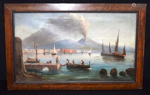 A framed 19th Century Oil on canvas of Vesuvius erupting fro...