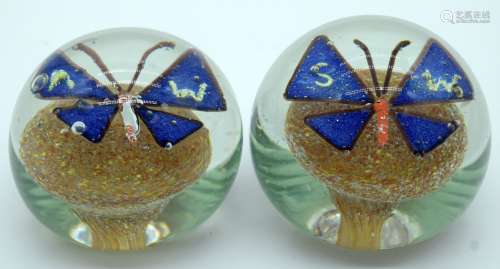 A pair of antique butterfly paperweights 6cm (2)