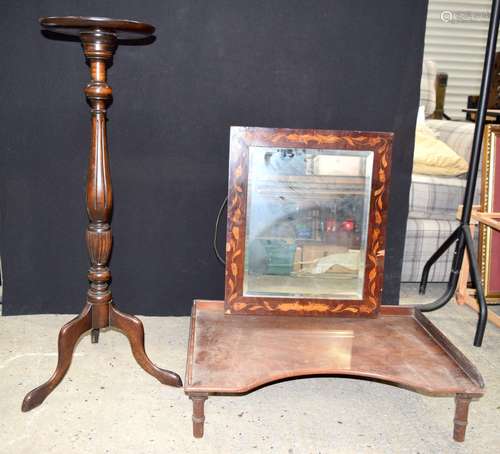 An antique wooden pot stand together with a wooden inlaid mi...