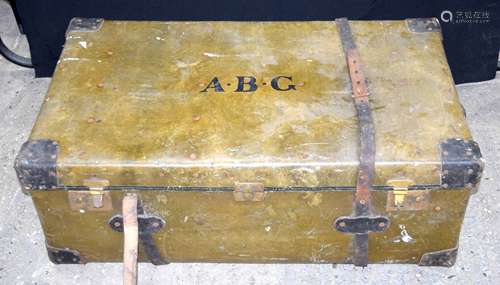 A large vintage Cave and Sons leather bound trunk 35 x 100cm...