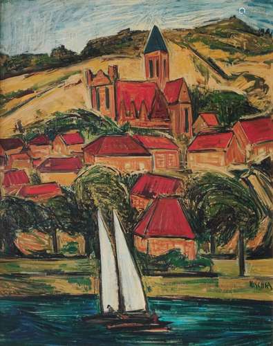 Isis KISCHKA (1908-1973) Voilier auprès du village aux toits...