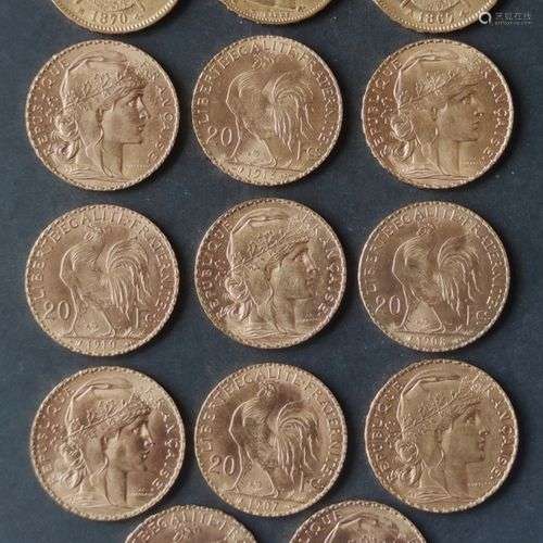 Ensemble de quatorze pièces de 20 Francs or (11 au Coq et 3 ...
