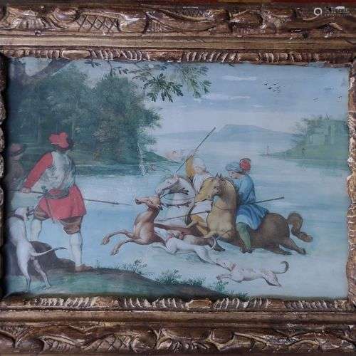 ECOLE FRANCAISE XIXeme siècle La chasse au cerf Gouache 14 x...