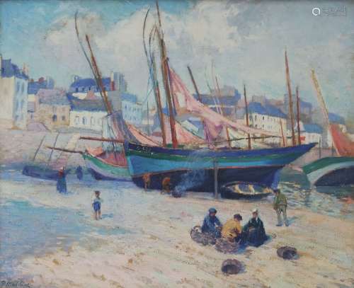 Paul MADELINE (1863-1920) Bateau de pêche au port, 1908 Huil...