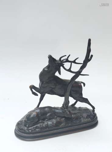 Antoine Louis BARYE (1796-1875) Cerf frottant ses bois contr...