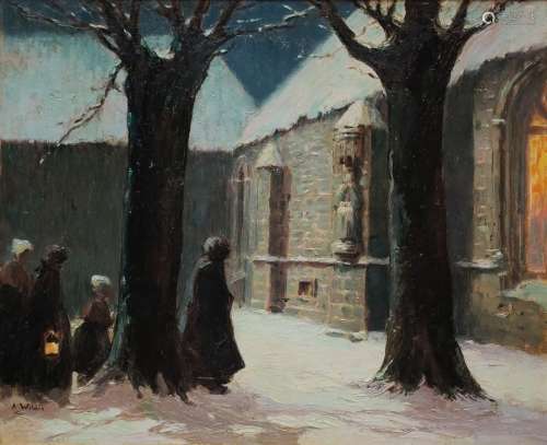 André WILDER (1871-1965) L'arrivée des fidèles à l'eglise en...