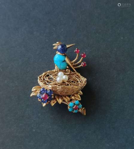 BROCHE en or jaune 750°/°° et diverses pierres de couleurs e...