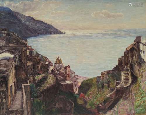 Léon DETROY (1857-1955) Village et chateau en bord de mer Hu...