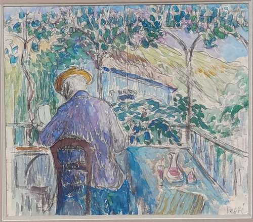 Jean PESKE (1870-1949) Homme assis sous une pergola Aquarell...