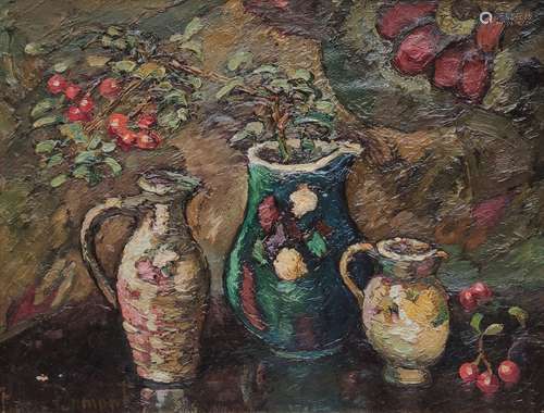 Pierre DUMONT (1884-1936) Nature morte aux trois pichets Hui...