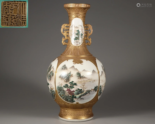 A Famille Rose and Gilt Landscape Vase Qing Dynasty