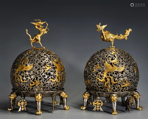 Pair Bronze Partly Gilt Lamp Holders Qing Dynasty