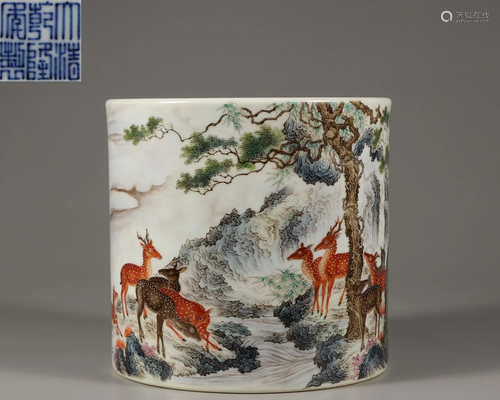 A Famille Rose Deers Brushpot Qing Dynasty