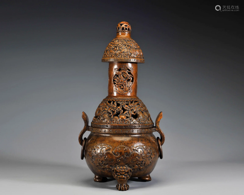 A Carved Bamboo Incense Burner Qing Dynasty