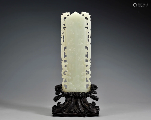 A Carved White Jade Plaque with Stand Qing Dynasty