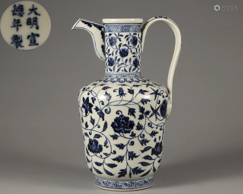 A Blue and White Lotus Scrolls Ewer Qing Dynasty