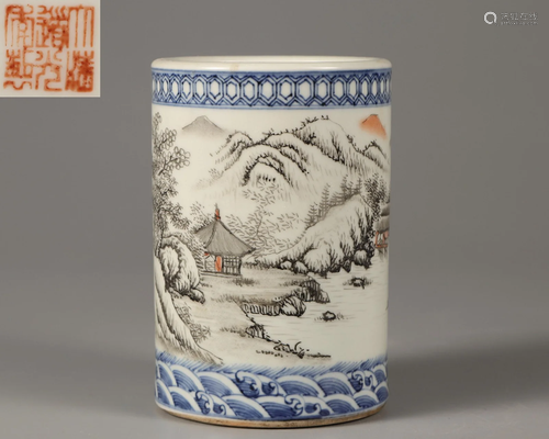 A Grisaille Glazed and Underglaze Blue Landscape