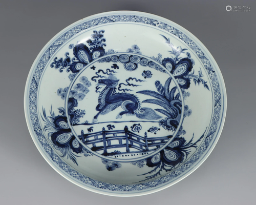 A Blue and White Kylin Plate Qing Dynasty