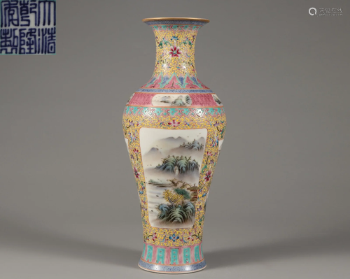 A Famille Rose Landscape Vase Qing Dynasty