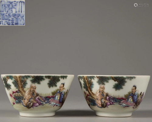 Pair Famille Rose Figural Cups Qing Dynasty